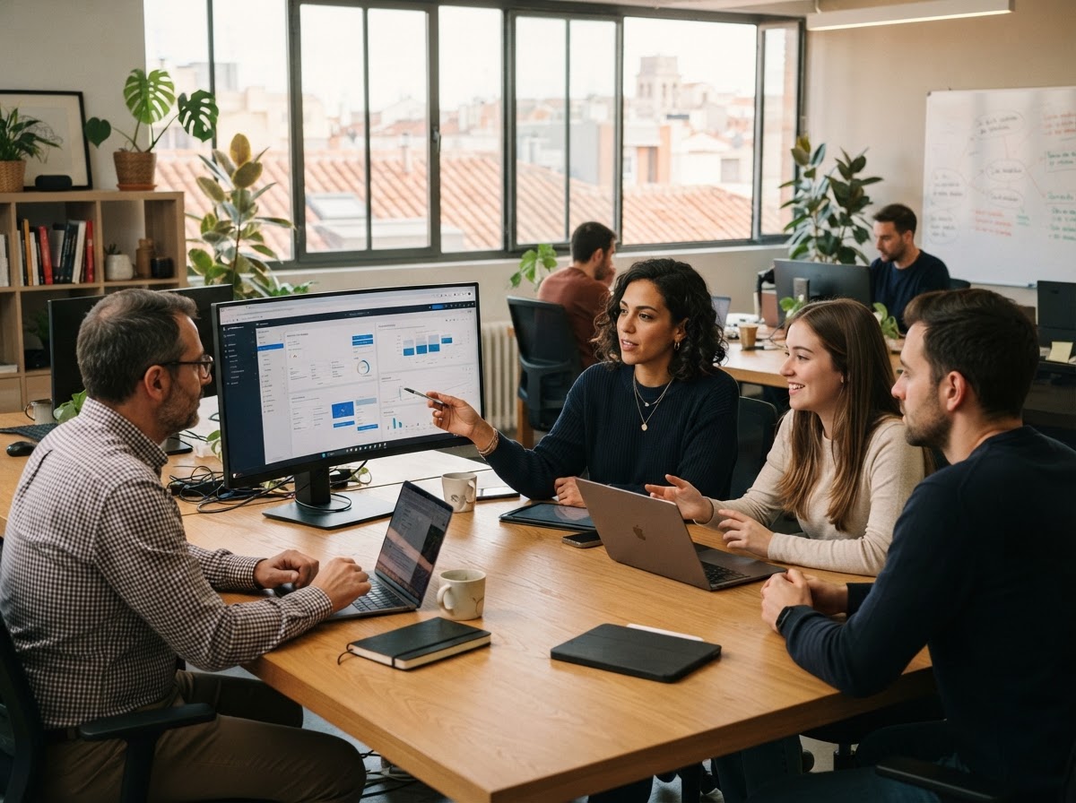 Solventaje: equipo analizando paneles de datos financieros durante una sesión de trabajo